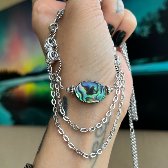 Handmade maille choker necklace iridescent blue green abalone shell charm boho - Picture 9 of 12